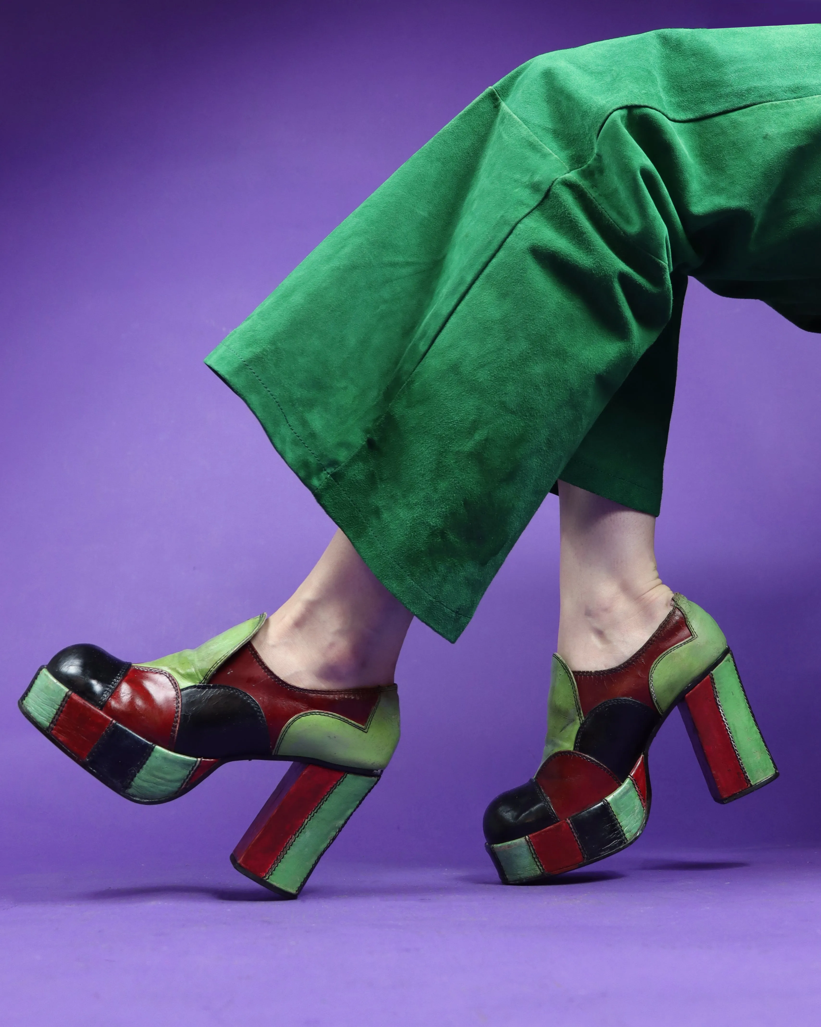RESERVED: Vintage 1970s Eldita's Patchwork Platform Shoes Green UK 4